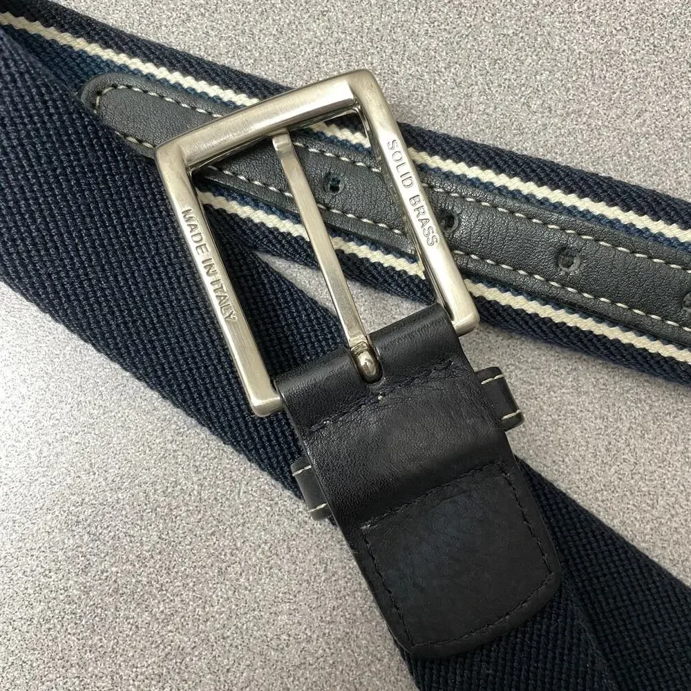 Kent and Curwent Belt 90cm Mens Blue Cotton Leather Preppy Silver Buckle Stripe